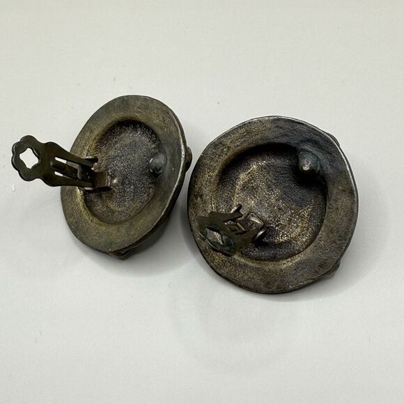 VTG Art Deco Geometric Clipon Earrings Round Abstract Blue Cabochon Enamel Golan - Picture 3 of 6